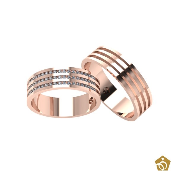 Par de Aliança Artística de Ouro Rosa 18k - Frisos infinitos - Gemas