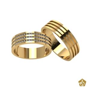 Par de Aliança Artística de Ouro Amarelo 18k - 3 Frisos Infinitos - Gemas